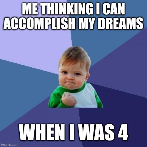 4 year olds dreams | ME THINKING I CAN ACCOMPLISH MY DREAMS; WHEN I WAS 4 | image tagged in memes,success kid | made w/ Imgflip meme maker