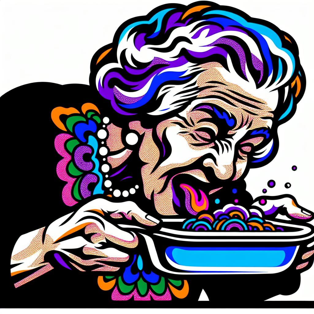old woman leaning over with a serving dish while licking her lip Blank Meme Template