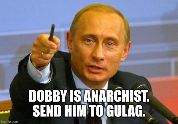 Good Guy Putin Meme | DOBBY IS ANARCHIST. SEND HIM TO GULAG. | image tagged in memes,good guy putin | made w/ Imgflip meme maker