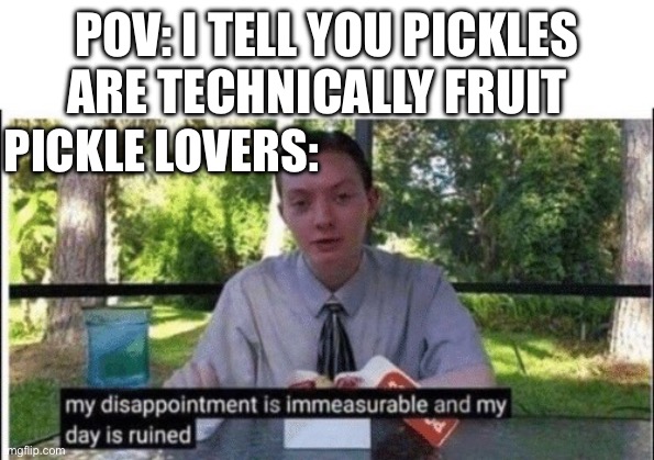 Thank you 8th grade Science | POV: I TELL YOU PICKLES ARE TECHNICALLY FRUIT; PICKLE LOVERS: | image tagged in my dissapointment is immeasurable and my day is ruined | made w/ Imgflip meme maker