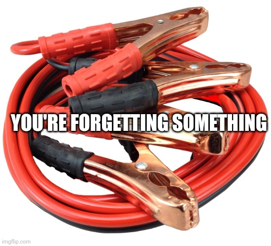 Jumper cables | YOU'RE FORGETTING SOMETHING | image tagged in jumper cables | made w/ Imgflip meme maker