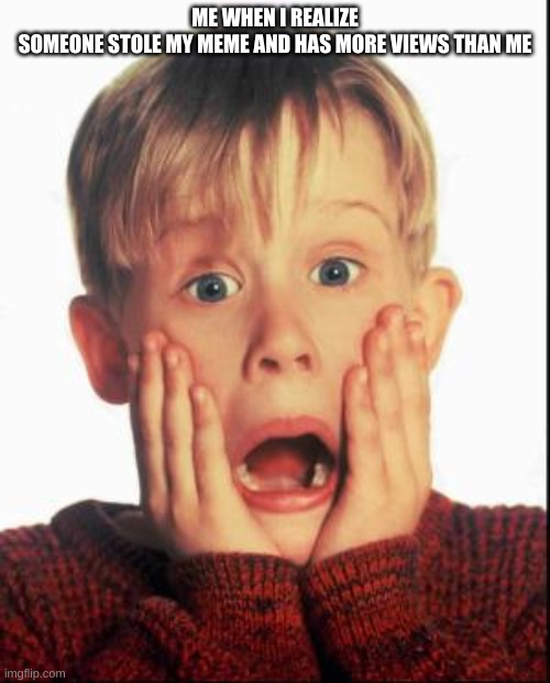 Home Alone Kid  | ME WHEN I REALIZE SOMEONE STOLE MY MEME AND HAS MORE VIEWS THAN ME | image tagged in home alone kid | made w/ Imgflip meme maker