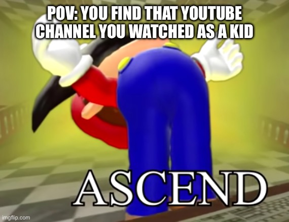 Ascend | POV: YOU FIND THAT YOUTUBE CHANNEL YOU WATCHED AS A KID | image tagged in smg4 mario ascends | made w/ Imgflip meme maker