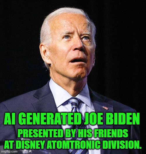 Joe Biden | AI GENERATED JOE BIDEN PRESENTED BY HIS FRIENDS AT DISNEY ATOMTRONIC DIVISION. | image tagged in joe biden | made w/ Imgflip meme maker