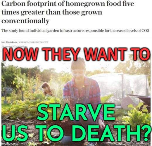 Now They Want To Starve Us To Death? | NOW THEY WANT TO; STARVE US TO DEATH? | image tagged in carbon footprint of homegrown food,starvation,food memes,tyranny,carbon footprint,genocide | made w/ Imgflip meme maker