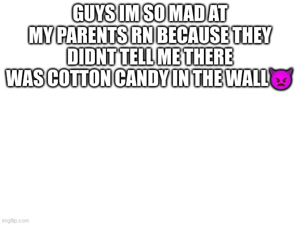 m | GUYS IM SO MAD AT MY PARENTS RN BECAUSE THEY DIDNT TELL ME THERE WAS COTTON CANDY IN THE WALL👿 | image tagged in m | made w/ Imgflip meme maker