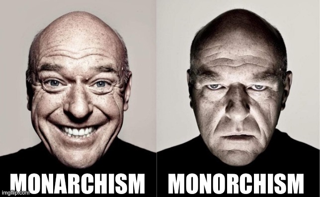 Which one would you rather have? | MONARCHISM; MONORCHISM | image tagged in hank | made w/ Imgflip meme maker