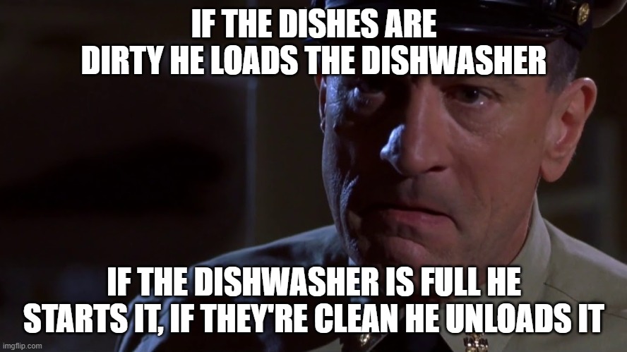 Dishwasher | IF THE DISHES ARE DIRTY HE LOADS THE DISHWASHER; IF THE DISHWASHER IS FULL HE STARTS IT, IF THEY'RE CLEAN HE UNLOADS IT | image tagged in dishwasher | made w/ Imgflip meme maker