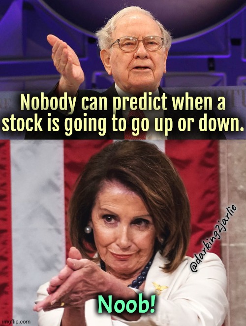Capitalism ain't for suckers! | Nobody can predict when a stock is going to go up or down. @darking2jarlie; Noob! | image tagged in warren buffet,nancy pelosi,capitalism,democrats,stock market,america | made w/ Imgflip meme maker