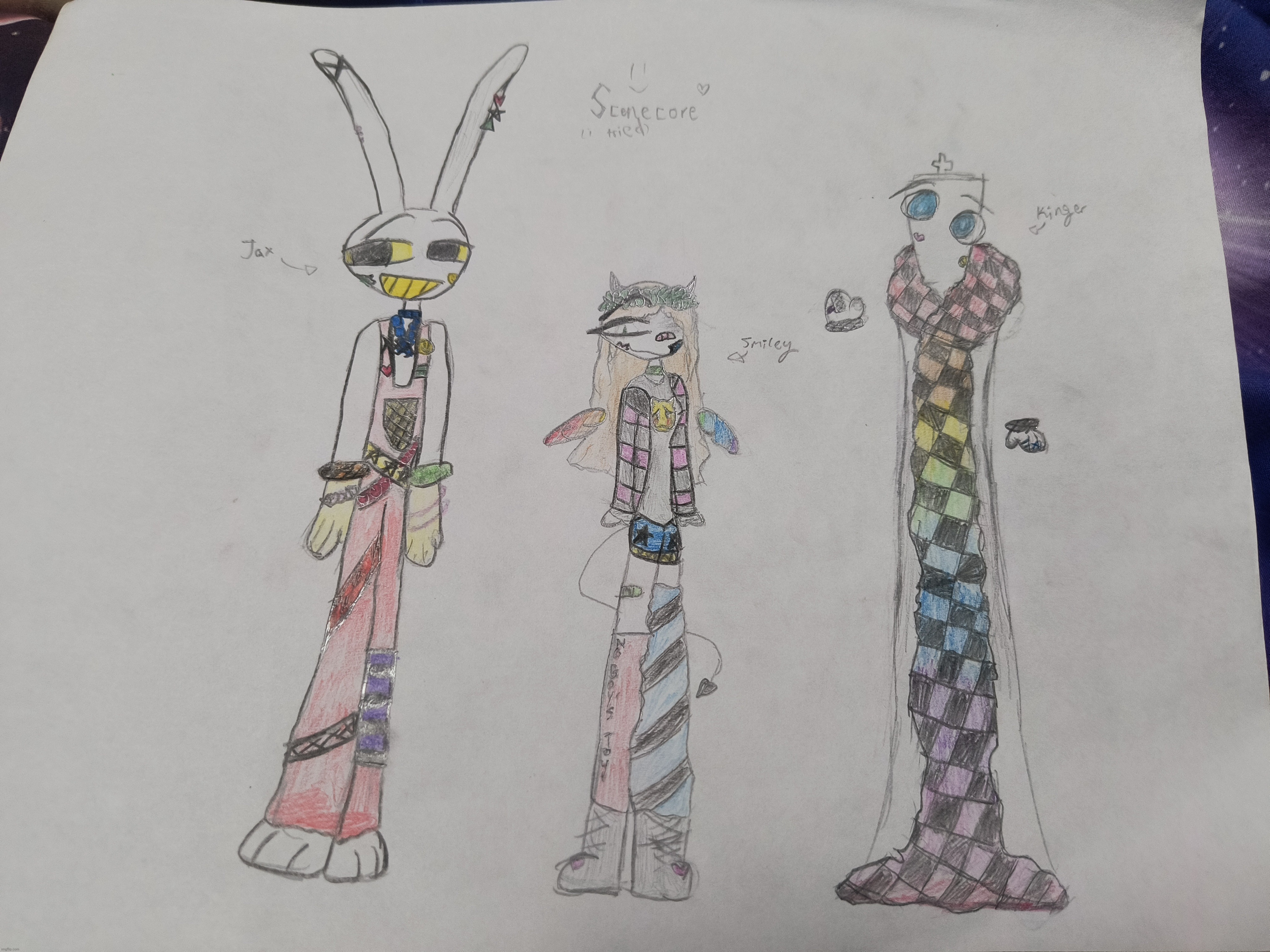 scenecore smiley (tadc oc), Jax, and kinger --- this took FOREVER, especially kinger (i don't color skin :skull:) | image tagged in the amazing digital circus,doing full body in color was weird,might not do it again,but im still very proud of this | made w/ Imgflip meme maker