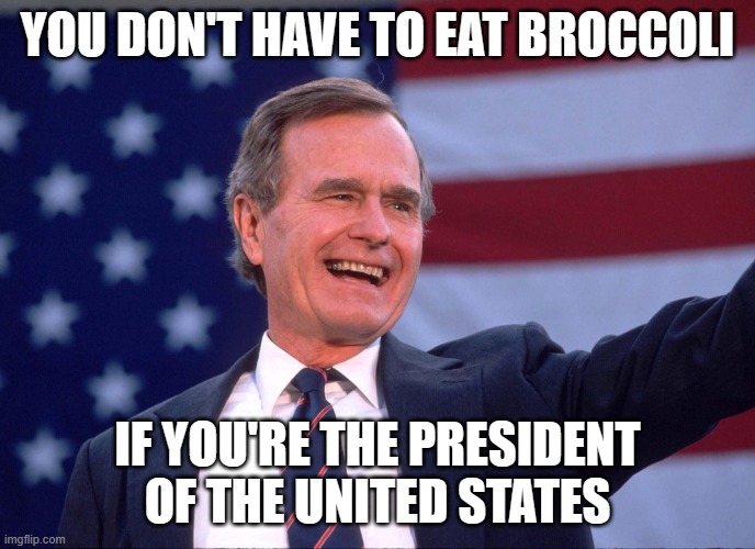George H.W. Bush | YOU DON'T HAVE TO EAT BROCCOLI IF YOU'RE THE PRESIDENT OF THE UNITED STATES | image tagged in george h w bush | made w/ Imgflip meme maker