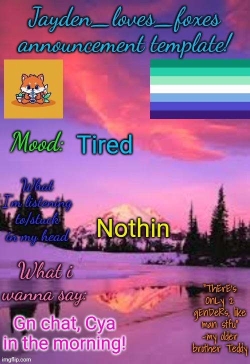 It 10 pm for me lol | Tired; Nothin; Gn chat, Cya in the morning! | image tagged in jayden_loves_foxes announcement template | made w/ Imgflip meme maker