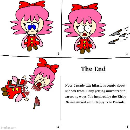 Ribbon gets murdered by 3 knifes | image tagged in kirby,comics/cartoons,cute,funny,parody,gore | made w/ Imgflip meme maker