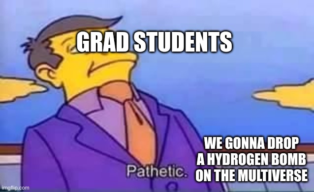 skinner pathetic | GRAD STUDENTS WE GONNA DROP A HYDROGEN BOMB ON THE MULTIVERSE | image tagged in skinner pathetic | made w/ Imgflip meme maker