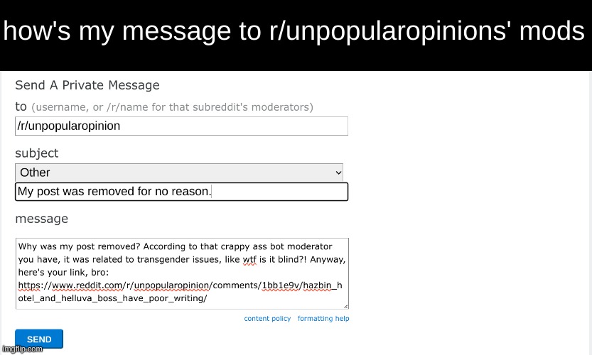 they need to fire that piece of shit ? | how's my message to r/unpopularopinions' mods | made w/ Imgflip meme maker