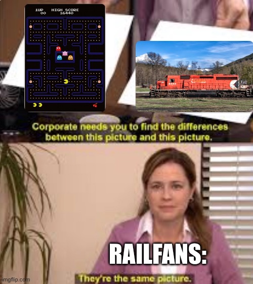Waka waka | RAILFANS: | image tagged in railfan,railroad,pac-man | made w/ Imgflip meme maker