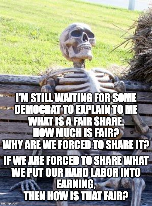 Waiting Skeleton Meme | I'M STILL WAITING FOR SOME
DEMOCRAT TO EXPLAIN TO ME
WHAT IS A FAIR SHARE.
HOW MUCH IS FAIR?
WHY ARE WE FORCED TO SHARE IT? IF WE ARE FORCED | image tagged in memes,waiting skeleton | made w/ Imgflip meme maker