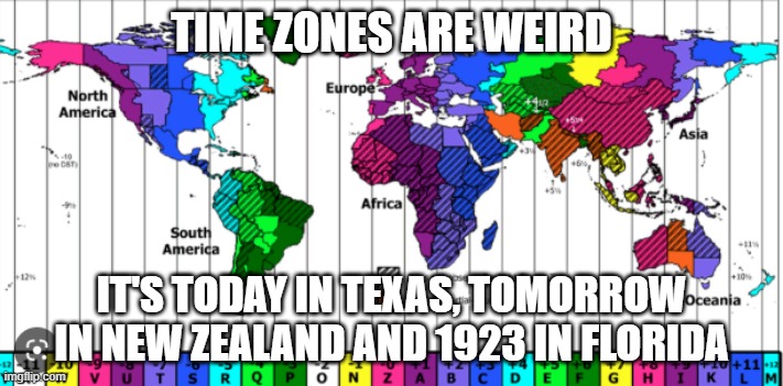 Time Zones | TIME ZONES ARE WEIRD; IT'S TODAY IN TEXAS, TOMORROW IN NEW ZEALAND AND 1923 IN FLORIDA | image tagged in time zone | made w/ Imgflip meme maker