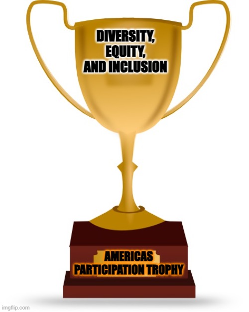 Participation | DIVERSITY, EQUITY, AND INCLUSION; AMERICAS PARTICIPATION TROPHY | image tagged in 2024,racism,fake news,funny memes,america,president | made w/ Imgflip meme maker