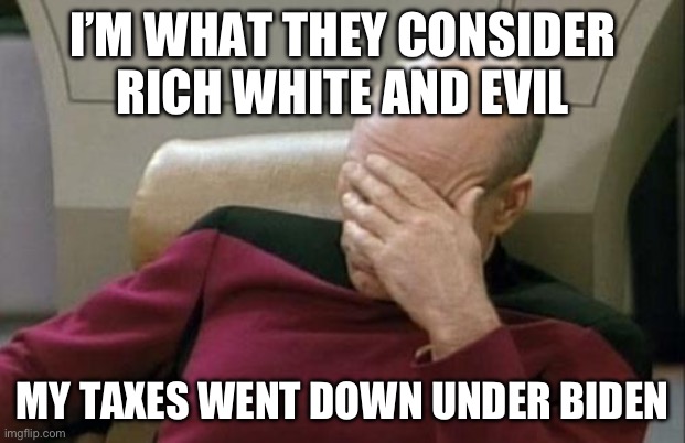 Captain Picard Facepalm | I’M WHAT THEY CONSIDER RICH WHITE AND EVIL; MY TAXES WENT DOWN UNDER BIDEN | image tagged in memes,captain picard facepalm | made w/ Imgflip meme maker