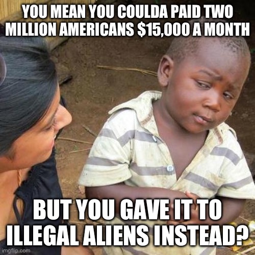 Third World Skeptical Kid Meme | YOU MEAN YOU COULDA PAID TWO MILLION AMERICANS $15,000 A MONTH BUT YOU GAVE IT TO ILLEGAL ALIENS INSTEAD? | image tagged in memes,third world skeptical kid,liberal logic,libtards,liberal hypocrisy,stupid liberals | made w/ Imgflip meme maker
