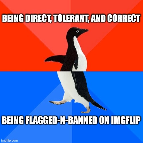 Dear IMGFLIP Mods -- please, for the sake of free speech, publish my meme.  thank you! | BEING DIRECT, TOLERANT, AND CORRECT; BEING FLAGGED-N-BANNED ON IMGFLIP | image tagged in socially awesome awkward penguin,liberal lunacy,liberal prejudice,liberal intolerance,first amendment,trump 2024 | made w/ Imgflip meme maker
