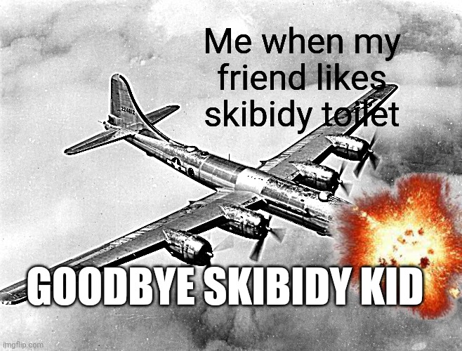 Life | Me when my friend likes skibidy toilet; GOODBYE SKIBIDY KID | image tagged in the better pic of the b29 | made w/ Imgflip meme maker