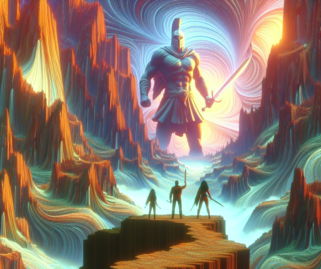 three warriors standing on the fantastic valley against giant ma Blank Meme Template