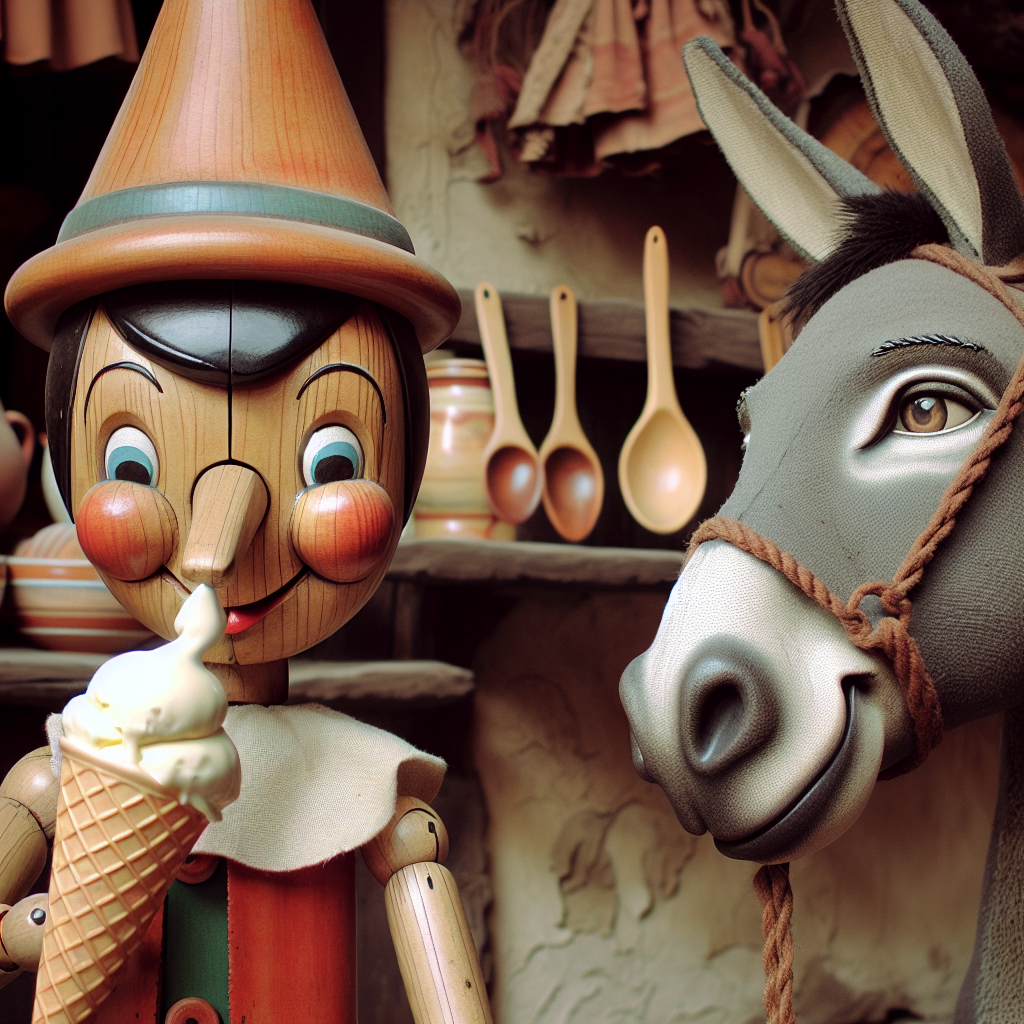 High Quality Pinocchio eating an ice cream cone with a donkey. Blank Meme Template