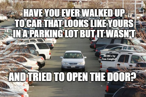 crowded parking lot | HAVE YOU EVER WALKED UP TO CAR THAT LOOKS LIKE YOURS IN A PARKING LOT BUT IT WASN'T; MEMEs by Dan Campbell; AND TRIED TO OPEN THE DOOR? | image tagged in crowded parking lot | made w/ Imgflip meme maker