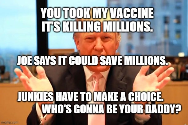trump birthday meme | YOU TOOK MY VACCINE IT'S KILLING MILLIONS. JOE SAYS IT COULD SAVE MILLIONS.                                                                               
  JUNKIES HAVE TO MAKE A CHOICE.                         WHO'S GONNA BE YOUR DADDY? | image tagged in trump birthday meme | made w/ Imgflip meme maker