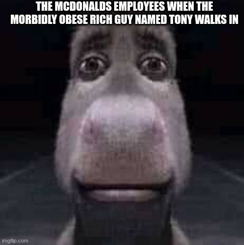 uh oh boss, it's him | THE MCDONALDS EMPLOYEES WHEN THE MORBIDLY OBESE RICH GUY NAMED TONY WALKS IN | image tagged in donkey staring,funny,animals,gifs,pie charts | made w/ Imgflip meme maker