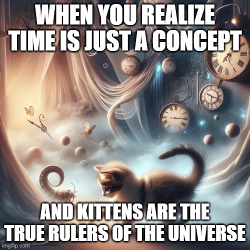 time kitten | WHEN YOU REALIZE TIME IS JUST A CONCEPT; AND KITTENS ARE THE TRUE RULERS OF THE UNIVERSE | image tagged in time kitten | made w/ Imgflip meme maker