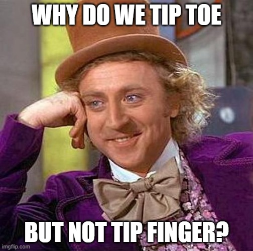 Creepy Condescending Wonka | WHY DO WE TIP TOE; BUT NOT TIP FINGER? | image tagged in memes,creepy condescending wonka | made w/ Imgflip meme maker