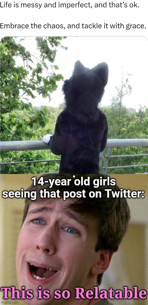OMG THIS IS SO RELATABLE UWU LOLOLOLOL | 14-year old girls seeing that post on Twitter:; This is so Relatable | image tagged in awww | made w/ Imgflip meme maker