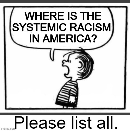 Serious question.... | WHERE IS THE
SYSTEMIC RACISM 
IN AMERICA? Please list all. | image tagged in america,systemic racism,racism,that's racist,question,political humor | made w/ Imgflip meme maker