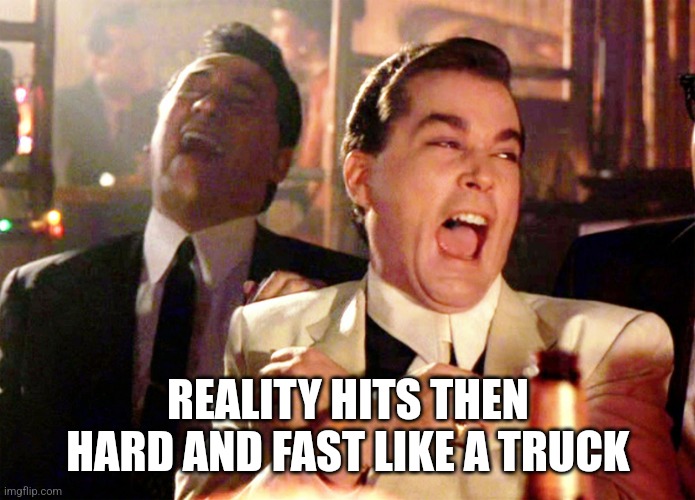 Good Fellas Hilarious Meme | REALITY HITS THEN HARD AND FAST LIKE A TRUCK | image tagged in memes,good fellas hilarious | made w/ Imgflip meme maker