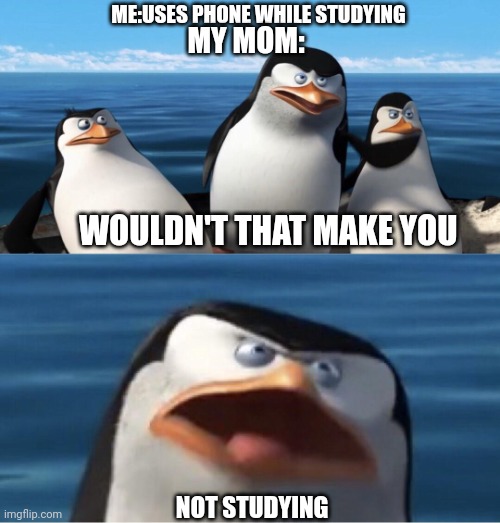 I am back guys | ME:USES PHONE WHILE STUDYING; MY MOM:; WOULDN'T THAT MAKE YOU; NOT STUDYING | image tagged in wouldn't that make you | made w/ Imgflip meme maker