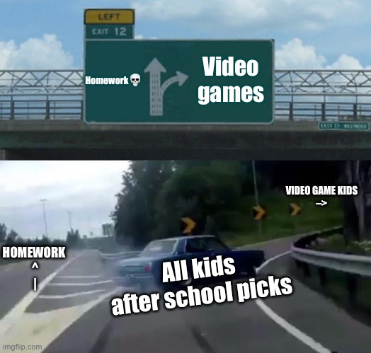 Left Exit 12 Off Ramp Meme | Homework💀; Video games; VIDEO GAME KIDS
–>; HOMEWORK 
^
|; All kids after school picks | image tagged in memes,left exit 12 off ramp | made w/ Imgflip meme maker