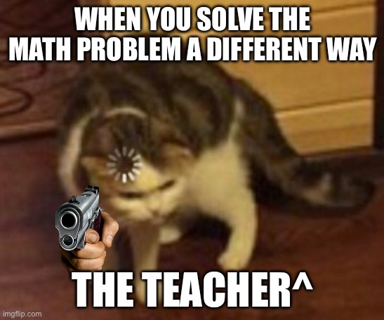 Loading cat | WHEN YOU SOLVE THE MATH PROBLEM A DIFFERENT WAY; THE TEACHER^ | image tagged in loading cat | made w/ Imgflip meme maker