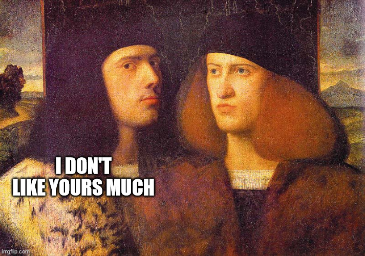 Renaissance Portrait Two Men | I DON'T LIKE YOURS MUCH | image tagged in renaissance portrait two men | made w/ Imgflip meme maker