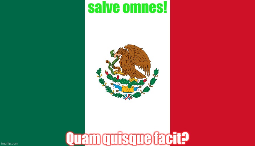 Guess what language that is (HINT: LWO) | salve omnes! Quam quisque facit? | image tagged in mexico flag | made w/ Imgflip meme maker