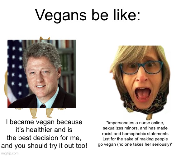 Buff Doge vs. Cheems Meme | Vegans be like:; I became vegan because it’s healthier and is the best decision for me, and you should try it out too! *impersonates a nurse online, sexualizes minors, and has made racist and homophobic statements just for the sake of making people go vegan (no one takes her seriously)* | image tagged in memes,buff doge vs cheems | made w/ Imgflip meme maker