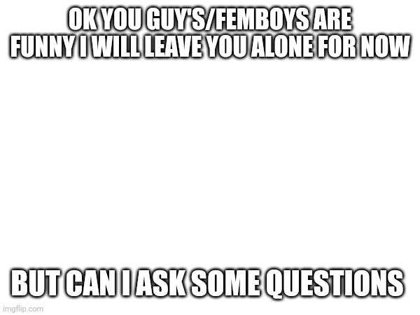 ... | OK YOU GUY'S/FEMBOYS ARE FUNNY I WILL LEAVE YOU ALONE FOR NOW; BUT CAN I ASK SOME QUESTIONS | image tagged in femboy | made w/ Imgflip meme maker
