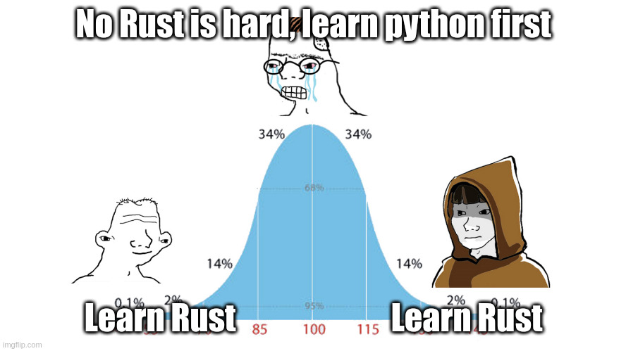 Pythio is harder to learn than Rust | No Rust is hard, learn python first; Learn Rust                         Learn Rust | image tagged in 99 graph | made w/ Imgflip meme maker