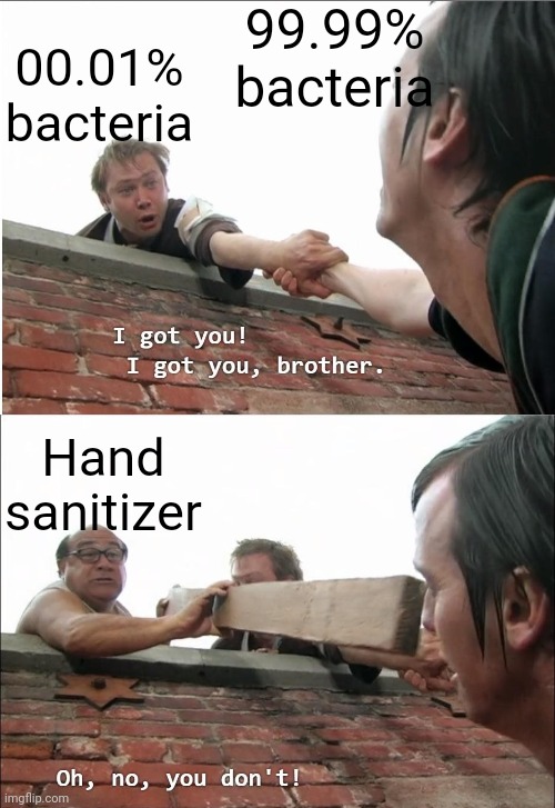 I got you brother | 99.99% bacteria; 00.01% bacteria; Hand sanitizer | image tagged in i got you brother | made w/ Imgflip meme maker