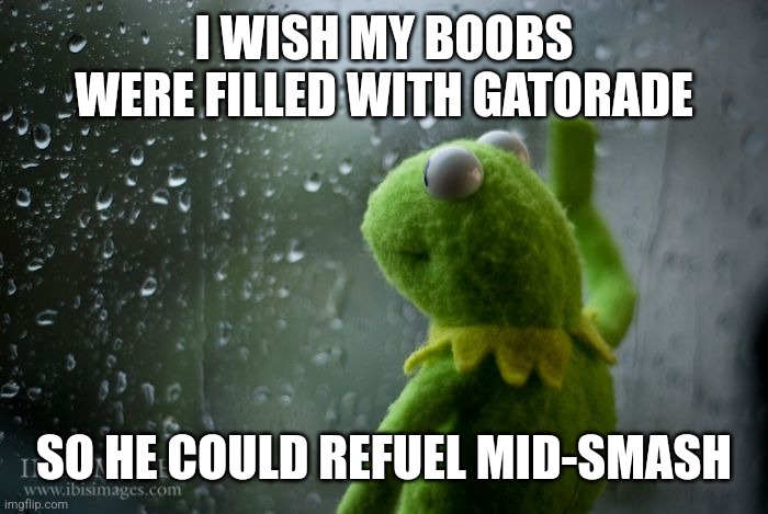 kermit window | I WISH MY BOOBS WERE FILLED WITH GATORADE; SO HE COULD REFUEL MID-SMASH | image tagged in kermit window | made w/ Imgflip meme maker