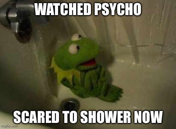Kermit Shower | WATCHED PSYCHO; SCARED TO SHOWER NOW | image tagged in kermit shower,psycho,norman bates | made w/ Imgflip meme maker