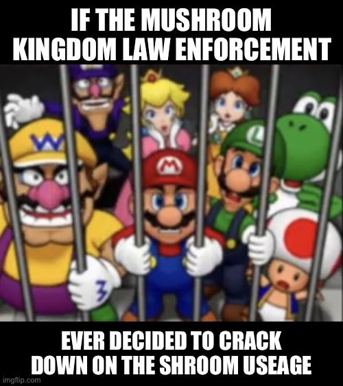 Shroom useage | IF THE MUSHROOM KINGDOM LAW ENFORCEMENT; EVER DECIDED TO CRACK DOWN ON THE SHROOM USEAGE | image tagged in mario and the others captured/in jail,mario,mario party,video games,nintendo,shrooms | made w/ Imgflip meme maker