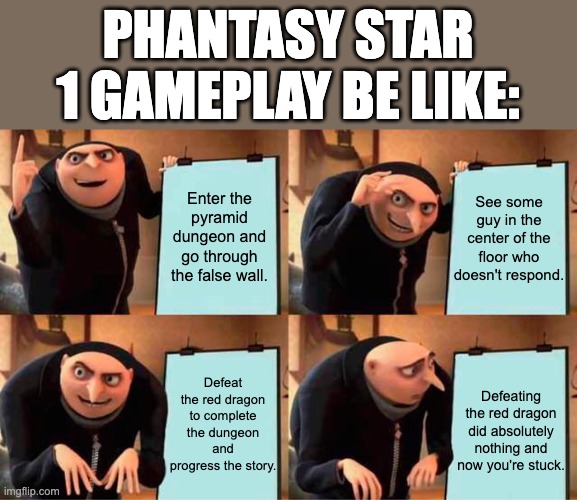 Gru's Plan | PHANTASY STAR 1 GAMEPLAY BE LIKE:; Enter the pyramid dungeon and go through the false wall. See some guy in the center of the floor who doesn't respond. Defeat the red dragon to complete the dungeon and progress the story. Defeating the red dragon did absolutely nothing and now you're stuck. | image tagged in memes,gru's plan,phantasy star,gaming,retro gaming,jrpg | made w/ Imgflip meme maker